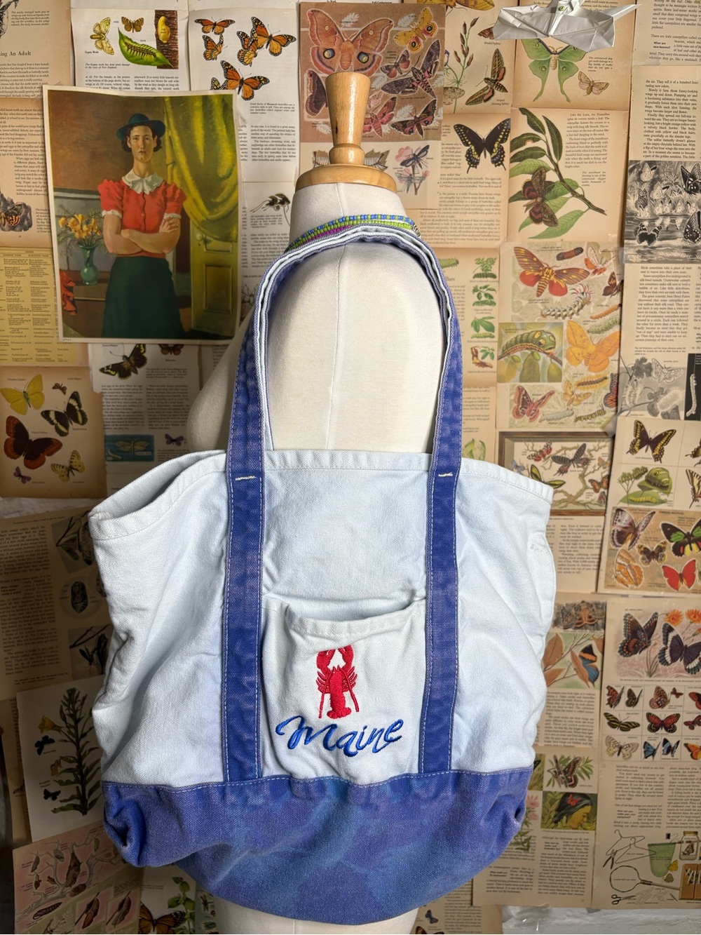 Maine Embroidered Canvas Tote Bag in Light Blue with lobster